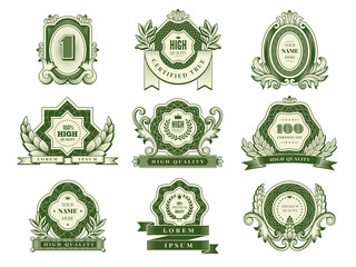 Money templates. Vintage design labels with green decorative botanical frames and place for text recent vector money pictures set