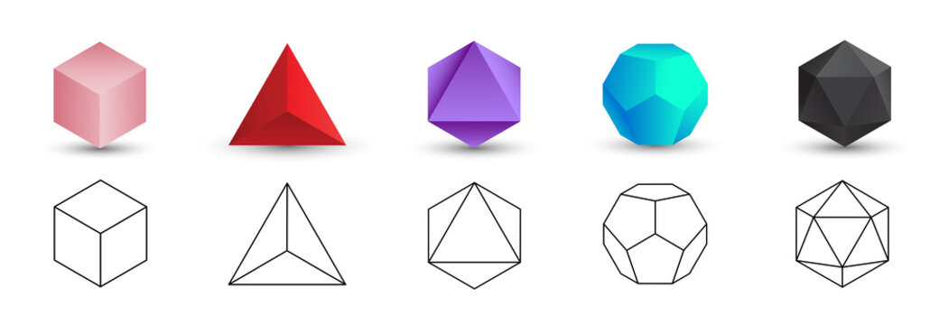 Set of colorful vector editable 3D platonic solids isolated on white background. Mathematical geometric figures such as cube, tetrahedron, octahedron, dodecahedron, icosahedron. Icon, logo, button.