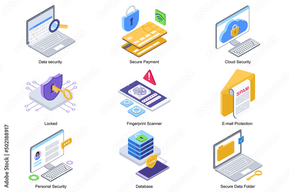 Poster data security concept 3d isometric icons set. pack elements of secure payment, locked, fingerprint s