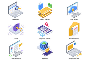Data security concept 3d isometric icons set. Pack elements of secure payment, locked, fingerprint scanner, email protection, database and secure folder. Vector illustration in modern isometry design