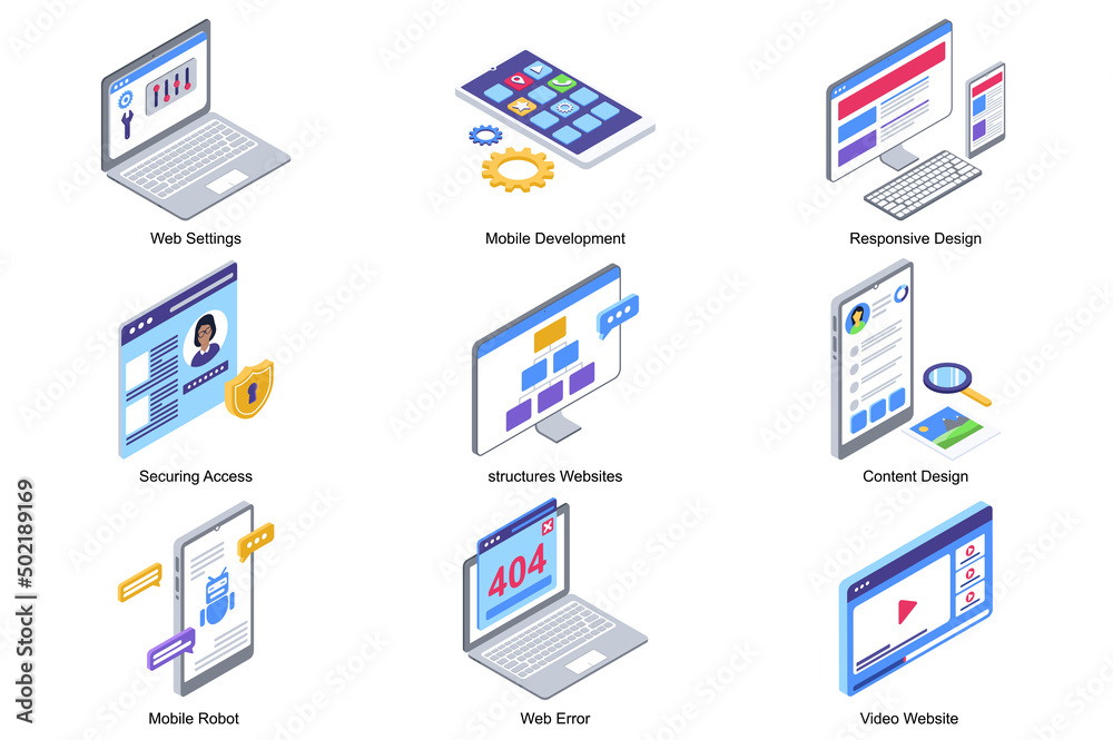 Poster user interface concept 3d isometric icons set. pack elements of web settings, mobile development, se