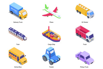 Transport concept 3d isometric icons set. Pack elements of delivery truck, plane, oil tanker, train, cargo ship, car, school bus, tractor and pickup. Vector illustration in modern isometry design