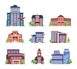 School facades. Municipal buildings for education constructions garish vector flat illustrations