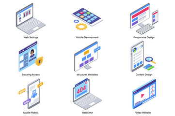 User interface concept 3d isometric icons set. Pack elements of web settings, mobile development, security access, structure websites, content, error. Vector illustration in modern isometry design
