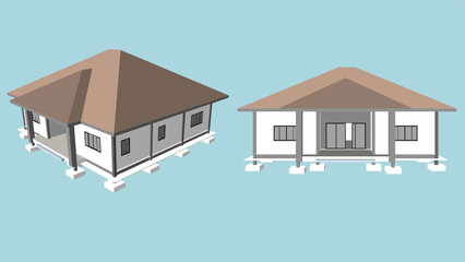 Isomatic and front view of house ues brown roof. Color scheme around the house is light gray. Windows and doors are made of steel and glass frames. On isolated white background.