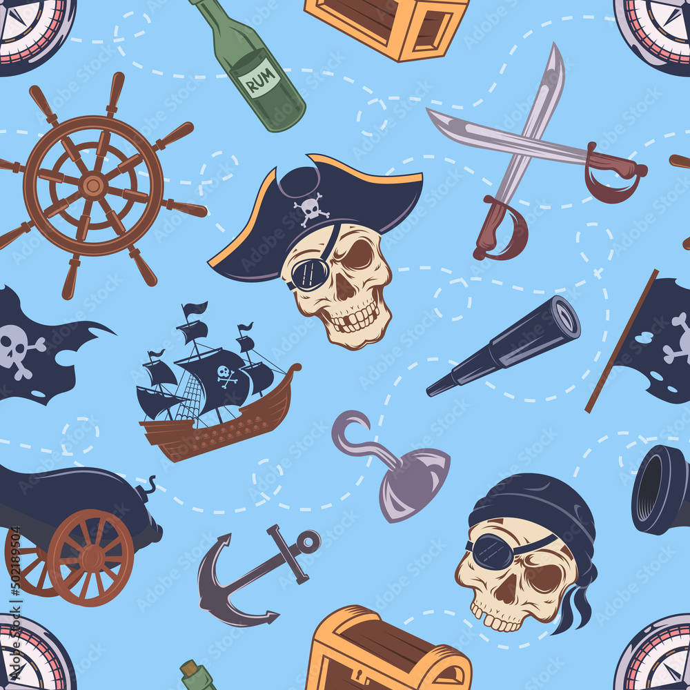 Sticker Pirate pattern. Drawing sailor elements wooden battle ship skull bones anchor weapons exact vector seamless background with pirate stylized symbols