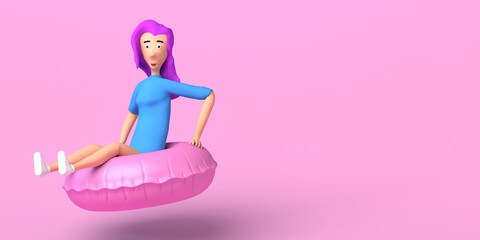 Young woman with inflatable ring float. Summer concept. Copy space. 3D illustration.