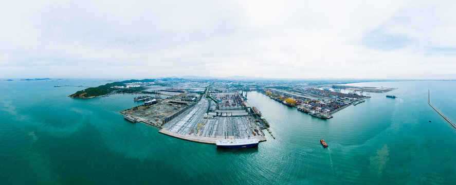 Aerial view container ship and ro-ro ship.Aerial view Evening time scene of Loading big vessel in the port of Laem Chabang terminal, Container Crane, Unloading Containers, 