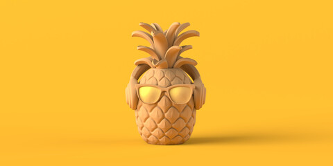 Pineapple with sunglasses and headphones. Copy space. 3D illustration.