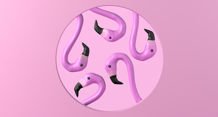 Pink flamingos background with circular frame. Copy space. 3D illustration.