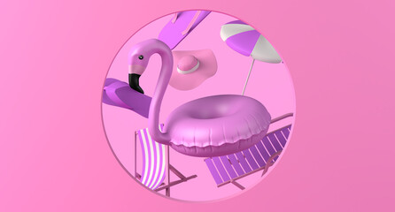Flamingo float background and beach accessories with circular frame. Copy space. 3D illustration.