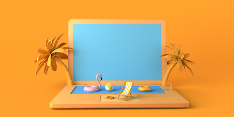 Obraz na płótnie Canvas Summer vacation concept with laptop and pool. Online vacation booking. Copy space. 3D illustration.