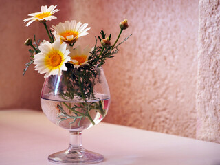 Glass wine glass with a bouquet of daisies