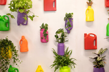 Fototapeta na wymiar Green plants and flowers growth in recycled colored flower pots made of used plastic bottles and canisters. Wall filled with Hanging pots made with recycled bottle. Plastic free. Zero waste. Ecology 