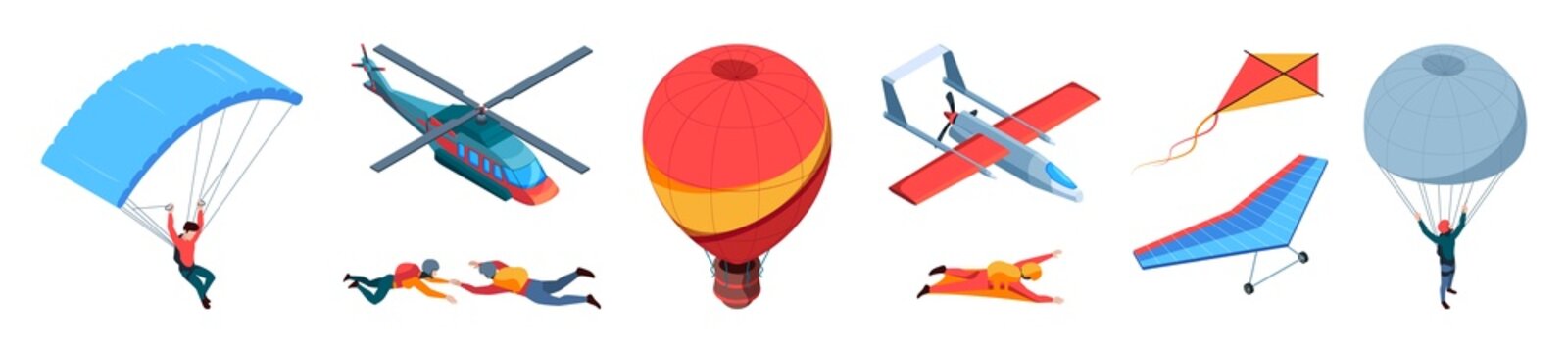 Air adventure. Hang gliders air balloons parachuting tandem jumpers garish vector flying travellers