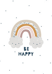 Baby rainbow nursery art with text Be happy and clouds. Gender neutral kids wall art print, pastel colors - 502190515