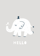 Baby elephant nursery art with lettering Hello. Kids poster with cute animal on gray background. Gender neutral nursery wall art print, pastel colors - 502190517