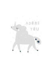 Gray unicorn nursery art with lettering Adore you. Kids poster with cute animal. Gender neutral nursery wall art print, pastel colors - 502190521