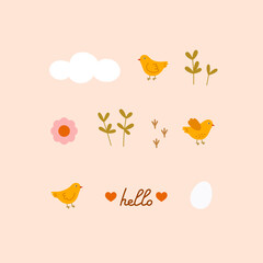Hand-drawn spring card. Сloud, chicken, plants, flower, egg, bird footprints, lettering. Spring season concept, Easter, nature.