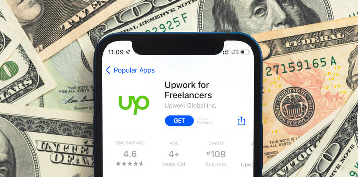 Upwork for Freelancers app on smartphone, Upwork is a platform for freelancing jobs business concept