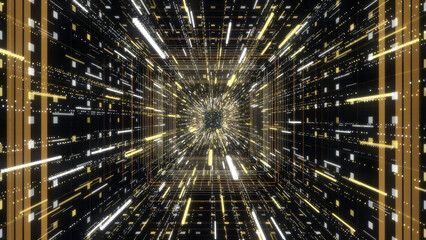 Neon tunnel with colorful stream of shining particles. Animation. Square tunnel of cyber space with 3D neon stripes and colorful particles on black background