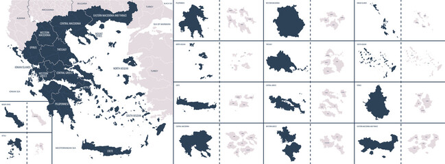 Vector color detailed map of Greece with the administrative divisions of the country, each Regions is presented separately and divided into municipalities
