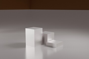 3d illustration Three white cube podium for product display. scene with geometrical forms. empty showcase