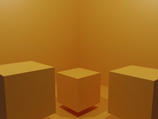 3d illustration Three yellow cube podium for product display. scene with geometrical forms. empty showcase