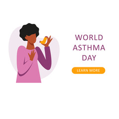 A vector composition with a black woman using inhaler. World asthma day