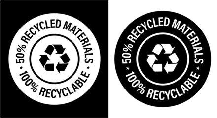 50% recycled materials, 100% recyclable vector icon set