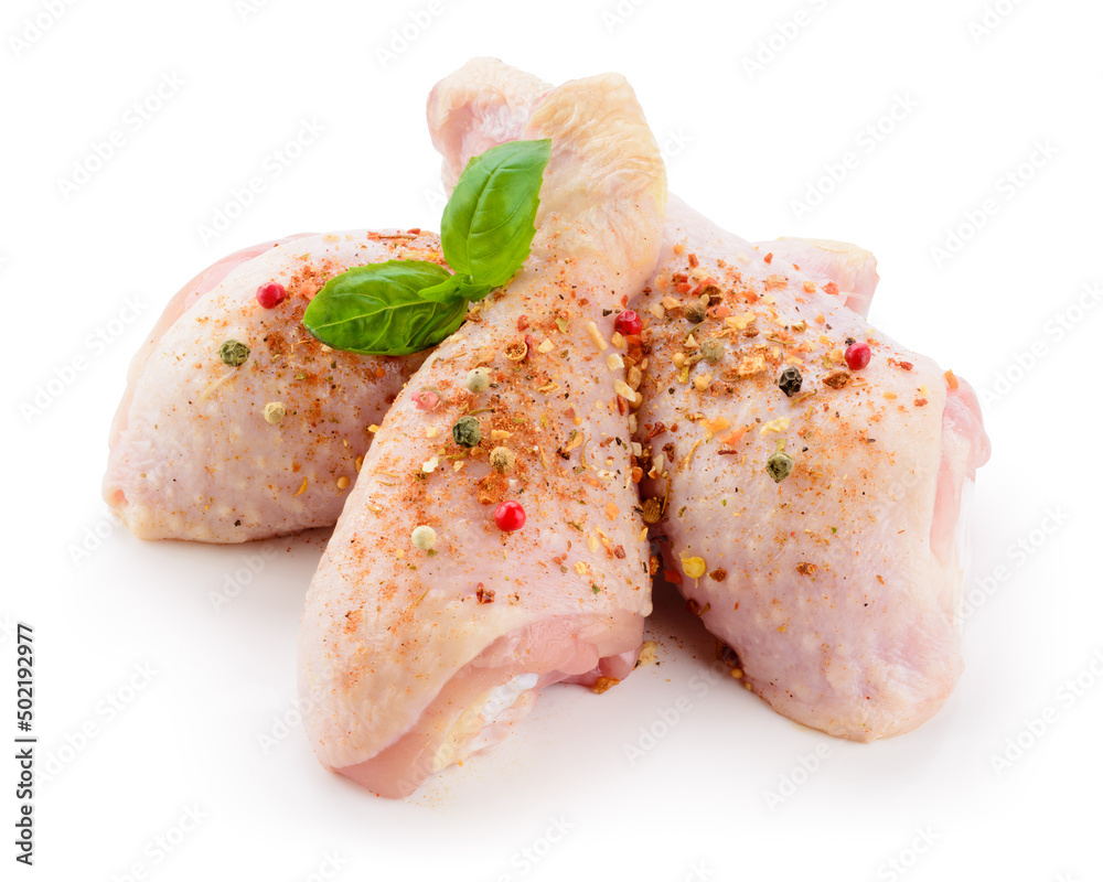 Wall mural chicken leg isolated. raw chicken legs with herb and spices on white background. poultry raw. chicke