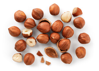 Hazelnut isolated. Hazelnuts on white background. Hazelnut background top view. Full depth of field.