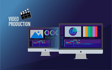 video editing abstract vector illustration with video editing monitor and color grading monitor