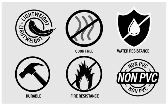 vector icon set such as : 'Light weight, odor free, water resistant, durable, fire resistant and non pvc