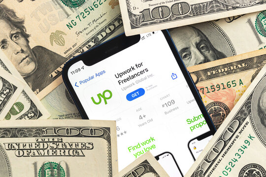 Upwork for Freelancers app on smartphone, Upwork is a platform for freelancing jobs business concept