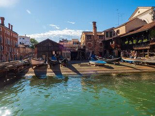 Shipyard for gondola in venice in italy with cityscape. Traditiona, family business.