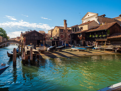Shipyard for gondola in venice in italy with cityscape. Traditiona, family business.
