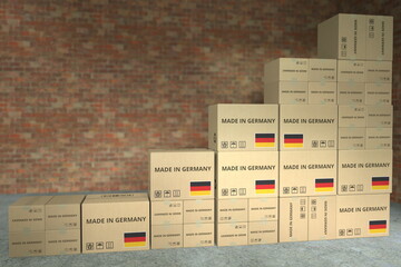 Cartons with MADE IN GERMANY text compose a rising chart, business success related conceptual 3D rendering