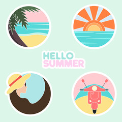 Summer tropical set of stickers. Round stickers with palm tree, sea, beach, scooter, sun, woman in a hat 