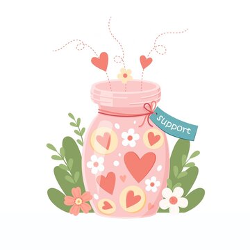 Support and charity concept. Glass jar with hearts inside. Helping others, donations, volunteering people. Cute vector illustration in flat cartoon style