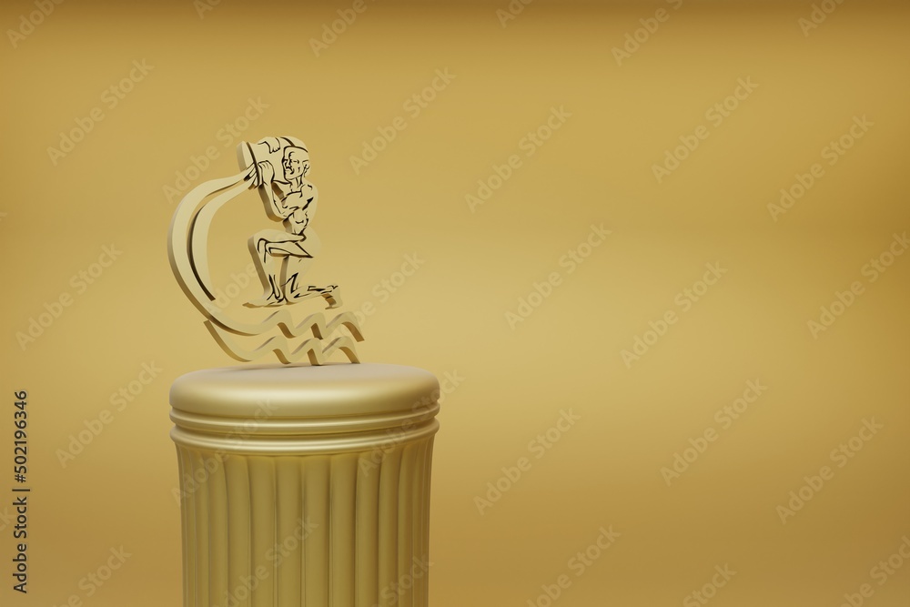 Poster beautiful abstract illustrations golden zodiac sign aquarius symbol icons on a golden column and won
