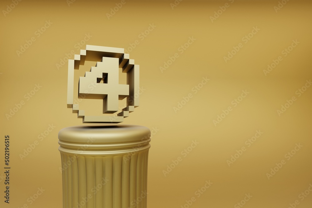 Poster Beautiful abstract illustrations Golden Golden Pixel number 4 symbol icons on a golden column and wonderful background. 3d rendering illustration. Background pattern for design.