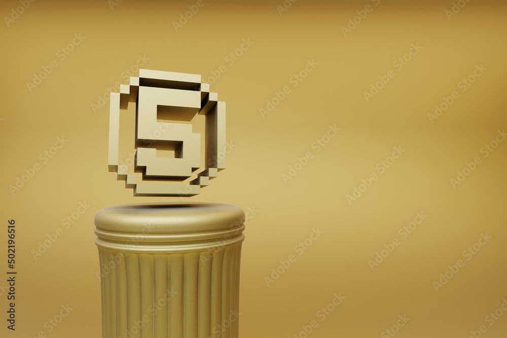 Poster Beautiful abstract illustrations Golden Golden Pixel number 5 symbol icons on a golden column and wonderful background. 3d rendering illustration. Background pattern for design.
