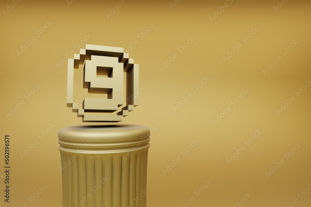 Poster Beautiful abstract illustrations Golden Golden Pixel number 9 symbol icons on a golden column and wonderful background. 3d rendering illustration. Background pattern for design.