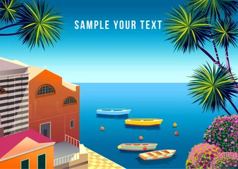 Papier Peint photo Lavable Bleu Jeans Mediterranean romantic landscape with village, flowers, boats and the sea in the background. Handmade drawing vector illustration. Can be used for posters, banners, postcards, books  etc.