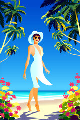 Fototapeta na wymiar Woman on vacation on tropical resort with tropical flowers, palms and the sea in the background. Vintage poster. Handmade drawing vector illustration. Art Deco style.