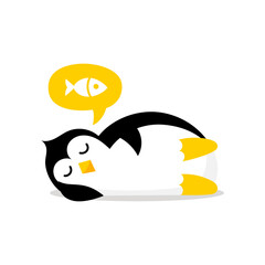 Penguin sleeps and sees a fish in a dream. Mascot cartoon vector illustration.