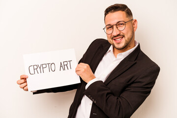 Hispanic business man holding a crypto art placard isolated on white background