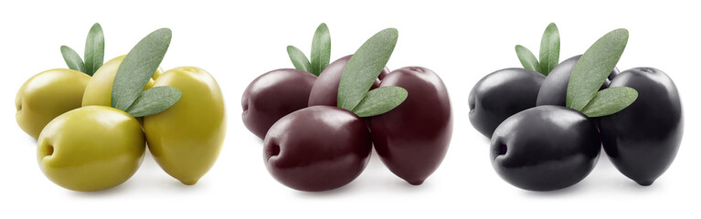 Green, brown and black olives set, isolated on white background