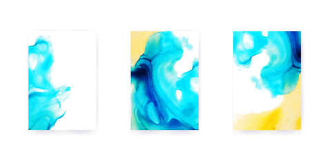 Set of vertical posters with bright abstract watercolor background in blue, yellow colors for your text. Hello summer. Triptych. For invitation card template, cover, wallpaper. Vector illustration.